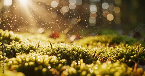 Sunlight filtering through trees illuminates dew-covered moss in a serene forest setting (1)