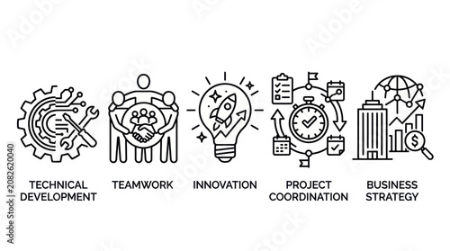Fotografía Business development and project coordination conceptual line icons