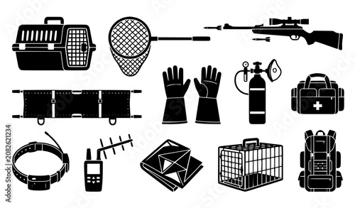 Obraz na plátně Wildlife Rescue and Animal Control Equipment Icon Set Featuring Carrier Net Stre