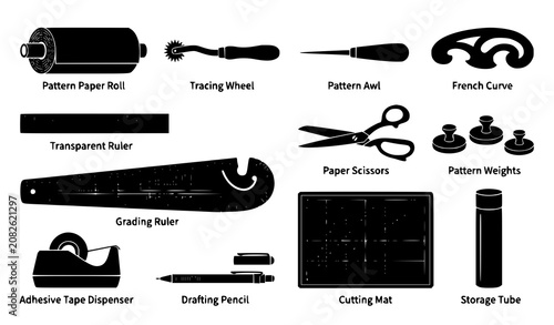 Quadro su tela Pattern Making and Fashion Design Tools Icon Set Featuring Rulers Tracing Wheel
