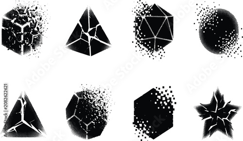 Foto Vector set of abstract black geometric shapes with shatter, disintegration, and
