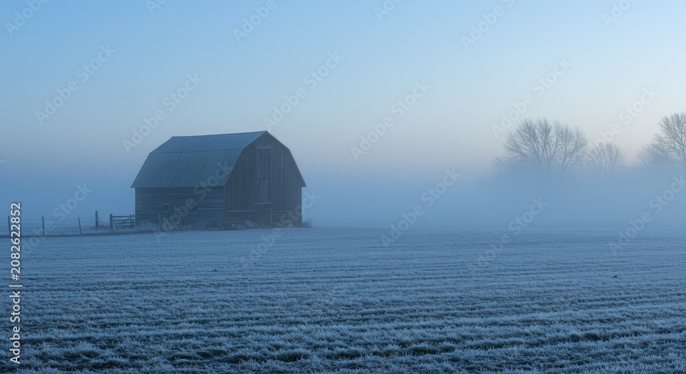 Naklejka premium A serene barn stands alone in a frosty field on a foggy morning.