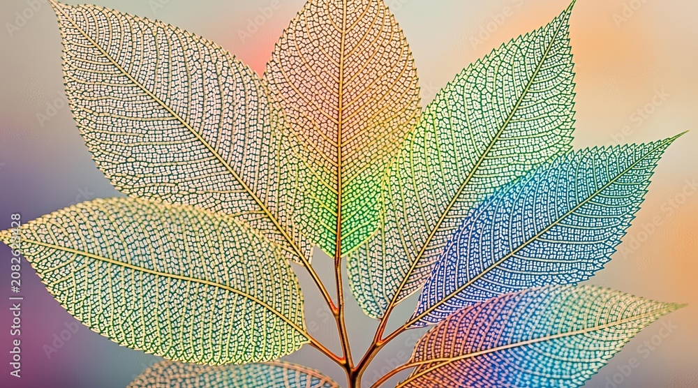 Naklejka premium Rainbow Colored Skeleton Leaves on Abstract Soft Background Texture