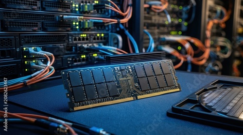 Macro shot of a DRAM memory module on an anti-static mat beside stacked server blades, fiber-optic cables, and a silicon wafer tray, illustrating tightening memory supply as data-center demand surges