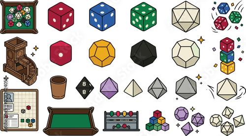 Fotografie Tabletop gaming collection featuring polyhedral dice board game accessories RPG