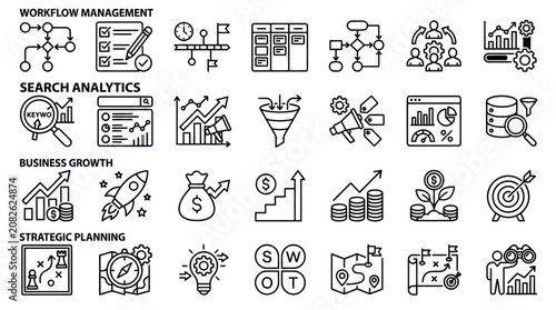 Business workflow and strategic planning thin line icon set.