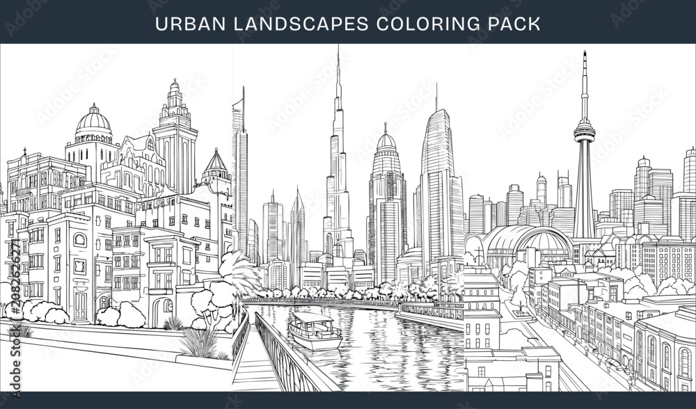 Obraz premium Urban landscapes coloring page pack with big city life skyline outline vector line art illustrations. Detailed architecture, skyscrapers, towers set for adult printable colouring book