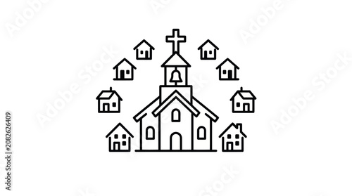 Tableau sur toile Church and community houses neighborhood line icon.
