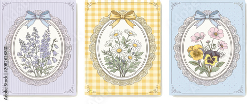 Vintage poster with flower. Retro coquette frame. Wedding invitation, birthday card, Mothers Day frames with elegant girly bow, ribbon, flowers, lace border. Vector set