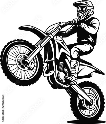 Fotografía Motocross rider performing wheelie stunt on dirt bike vector illustration, isola