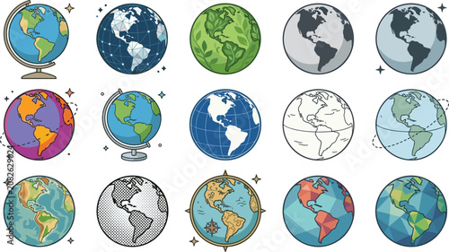 Tableau sur toile World globe collection featuring Earth globes planet maps geography icons and gl