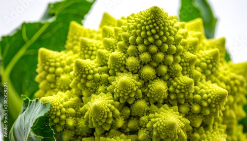 Close-up of a vibrant green Romanesco broccoli exhibiting fractal patterns with its leaves