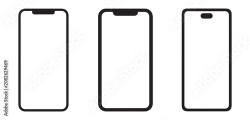 Cuadro en lienzo Set of modern smartphone device silhouettes showing different screen notch and cutout styles isolated