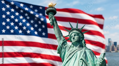 Statue of liberty standing tall with american flag
