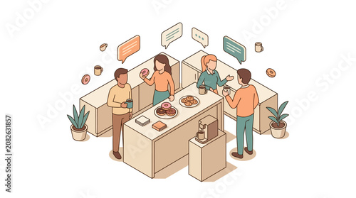 Isometric illustration of colleagues socializing in an office kitchen breakroom