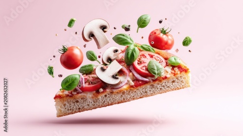 Exploding pizza slice with fresh toppings