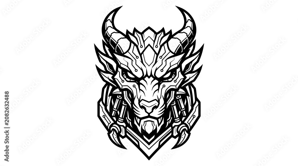 Obraz premium Fierce Dragon Head Illustration with Mechanical Elements.