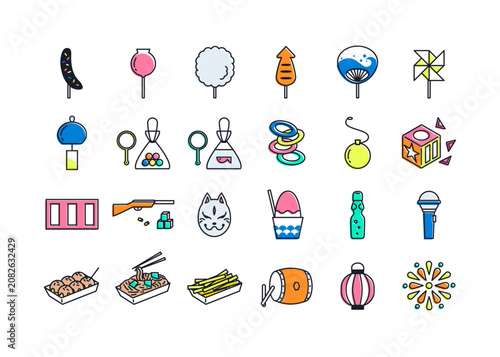 夏祭り・縁日のかわいいアイコンセット 24種類（パステルカラー・ミニマル・版画風イラスト）
