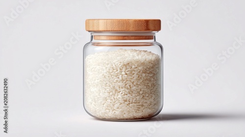 Glass jar filled with white rice and a bamboo lid, isolated on a white background