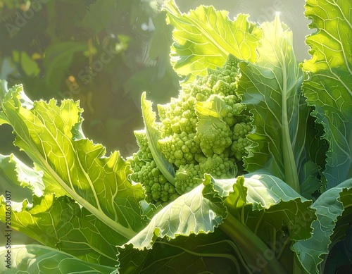 Close-up of a vibrant green vegetable with layered leaves and a fractal-like floret, illuminated by sunlight