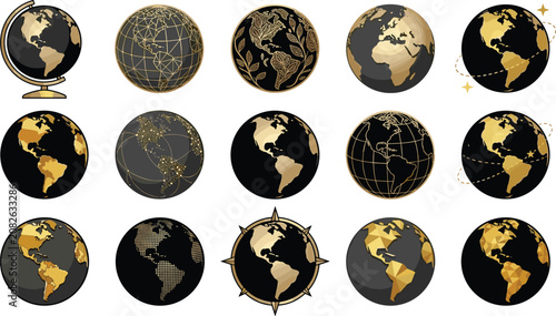 Bild auf Leinwand Black and gold world globe collection featuring Earth maps global geography icon