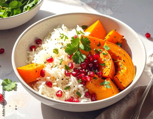 Close-up of a vibrant, healthy meal in a bowl, featuring white rice and roasted pumpkin