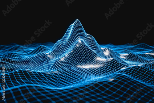 A 3D blue glowing wireframe terrain grid depicting peaks and valleys, used for data visualization or digital landscape concepts.