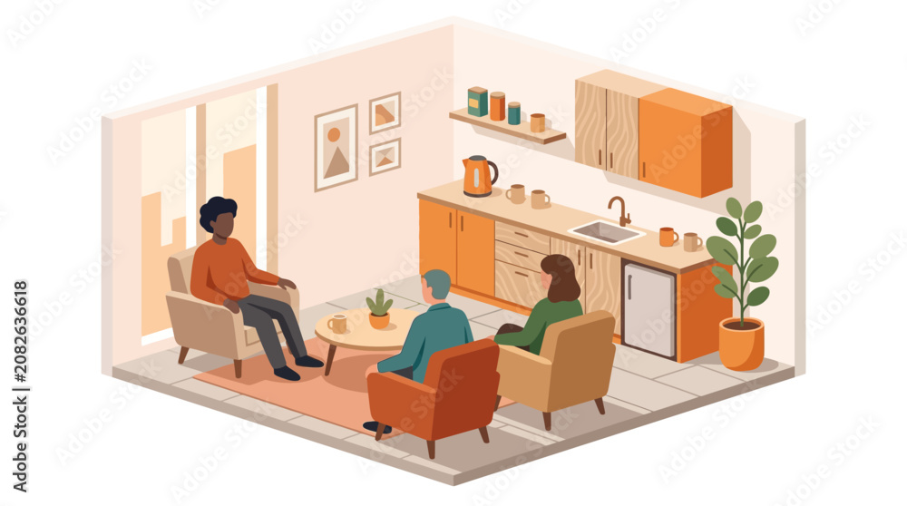 Fototapeta premium Isometric Illustration of People Socializing in Modern Studio Apartment Living Room
