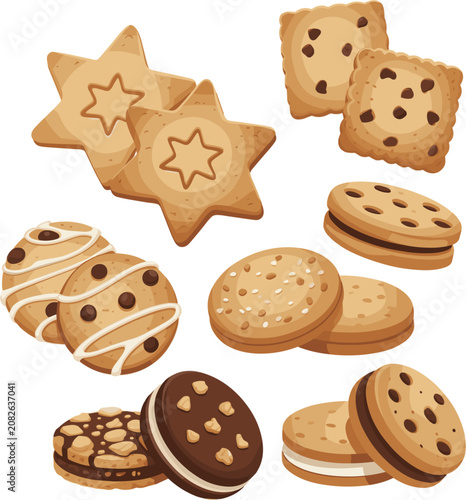 Delicious chocolate chip cookies and sweet biscuits vector illustration set, tasty sandwich cracker collection isolated