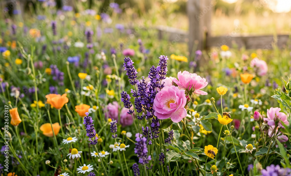 Obraz premium Enchanting English Cottage Garden in Full Bloom at Golden Hour