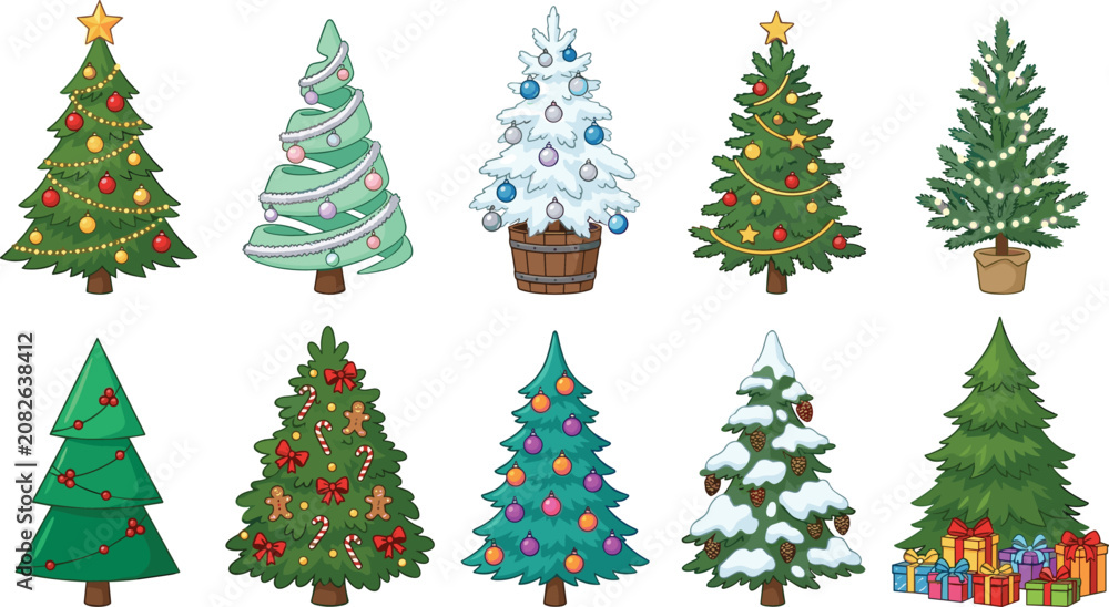 Obraz premium Christmas tree collection featuring decorated pine trees snowy evergreens festive ornaments and holiday vector illustration set