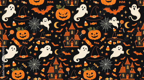 Foto Halloween ghosts and pumpkins pattern.