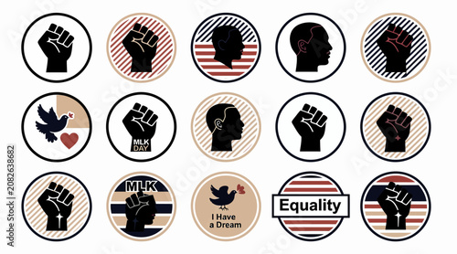 Black Power Fist and MLK Day Icons: Equality, Civil Rights, Justice