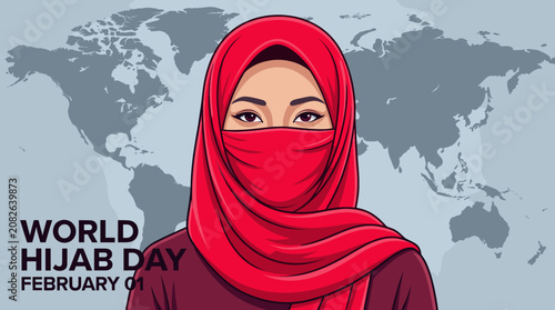 Young Woman Wearing Red Hijab Against World Map Background