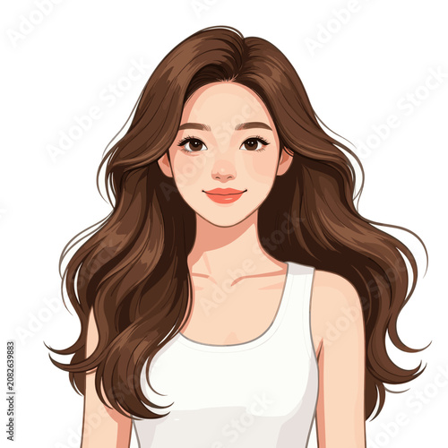 Young Woman with Long Brown Wavy Hair Wearing White Tank Top