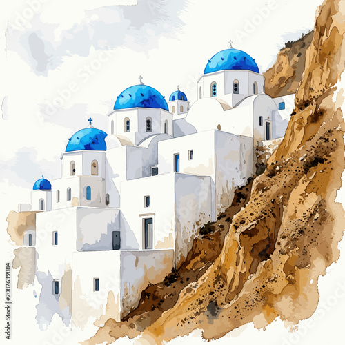 White Church Buildings with Blue Domes Perched on Cliffside