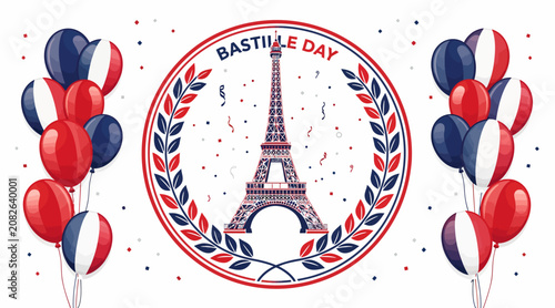 Bastille Day illustration Eiffel Tower fireworks balloons