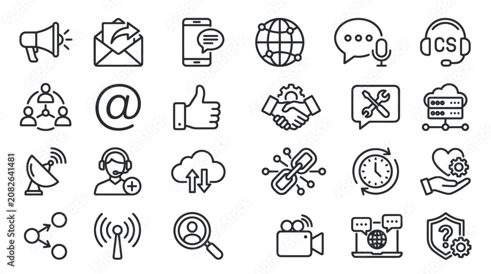 Fototapeta premium Communication technology social media and network line icons.