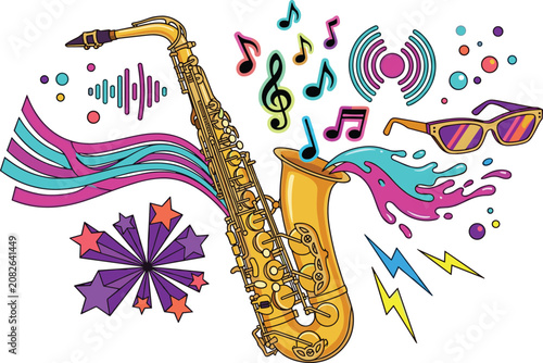 Canvas Print Colorful saxophone music collection featuring jazz instrument sound waves musica