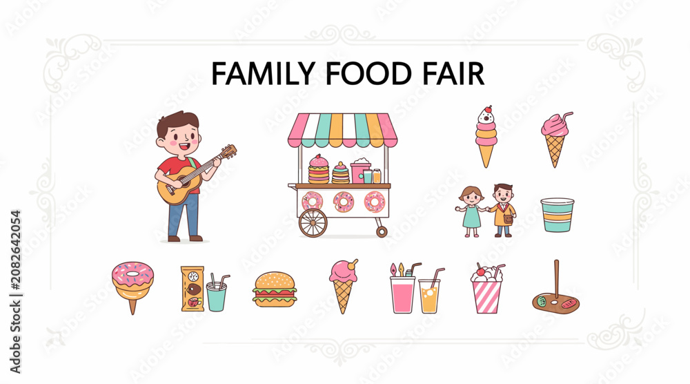Fototapeta premium Cartoon Family Food Fair: Guitarist, Food Stalls, Ice Cream, Burgers