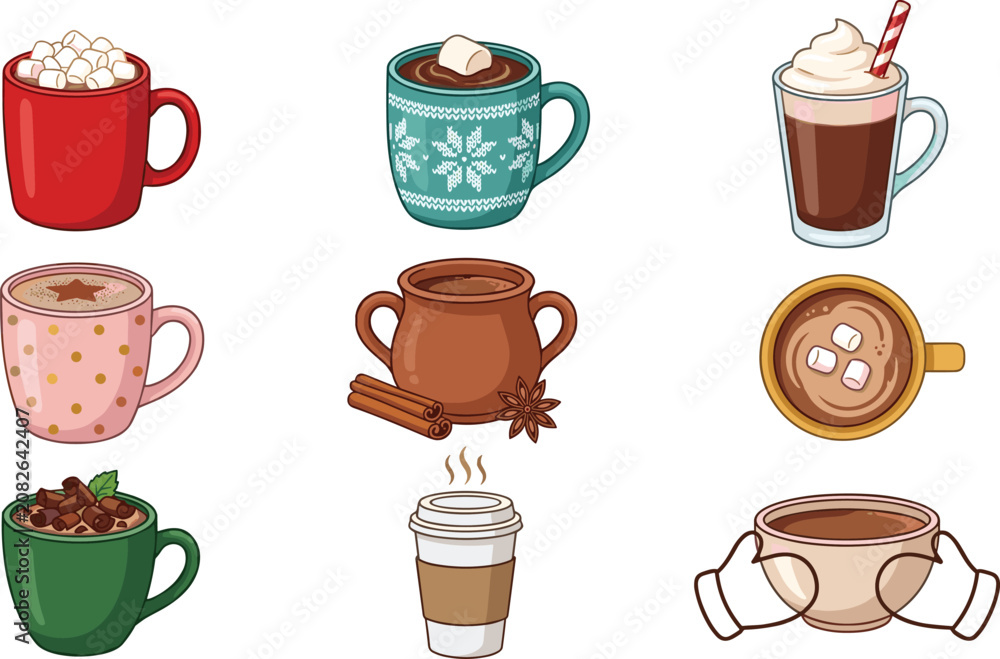 Fototapeta premium Cozy winter hot drinks vector collection featuring hot chocolate coffee cocoa marshmallows festive mugs and seasonal beverage illustrations