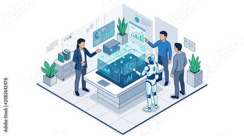 Business professionals and robot collaborating on isometric digital holographic data