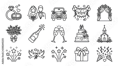 Comprehensive set of black line wedding celebration icons.