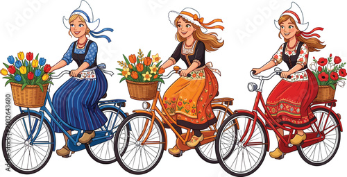 Cuadro en lienzo Dutch Women Riding Bicycles in Traditional Costume with Flower Baskets for Nethe