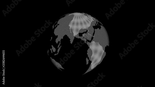 Abstract rotating digital Earth globe animation made of glowing dots on a black background. Futuristic world map visualization representing global communication, internet