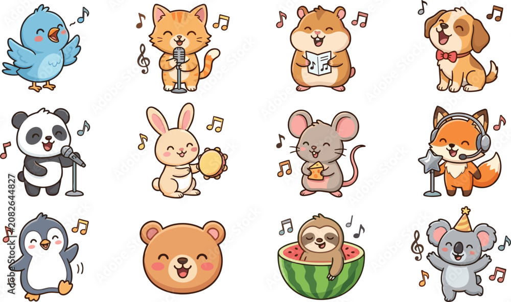 Obraz premium Cute musical animal cartoon vector collection featuring singing bird cat dog panda fox rabbit and playful character illustrations
