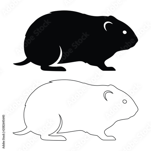 Cuadro en lienzo Guinea Pig Standing Side Profile Silhouette and Outline Vector Set, Cavy Rodent