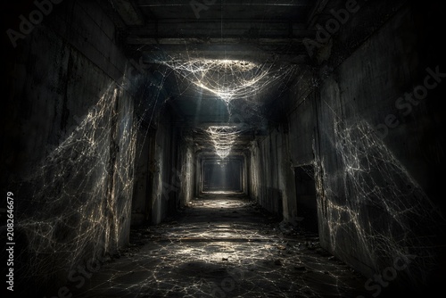 Dark abandoned corridor full of glowing cobwebs