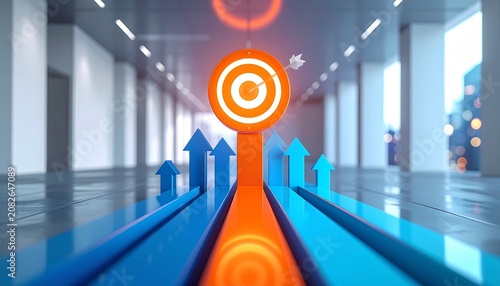 Orange arrow leading blue arrows upward toward a glowing target symbolizing business strategy leadership and goal achievement vision