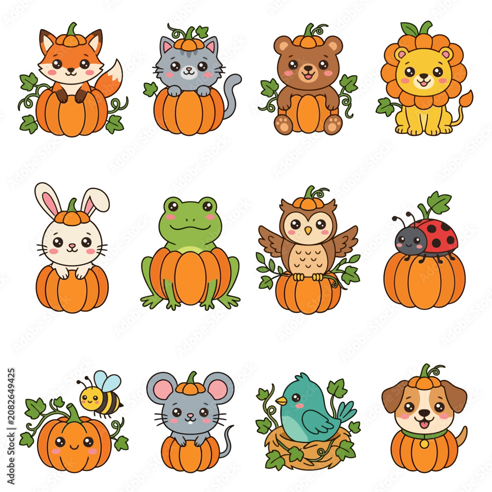 Fototapeta premium Cute animals on pumpkins.